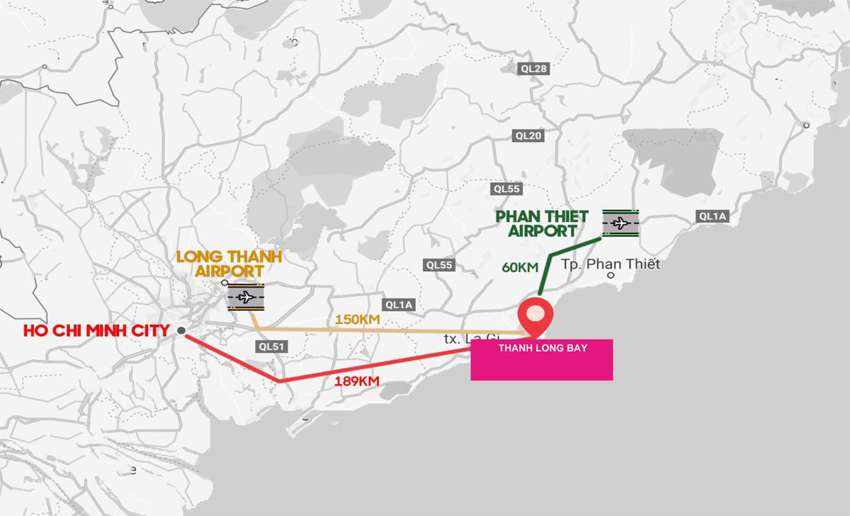 Vị trí dự án Thanh Long Bay Phan Thiết tọa lạc mặt tiền dự án giáp đường DT719B, với lộ giới 42m tại Xã Tân Thành – Huyện Hàm Thuận Nam – Tỉnh Bình Thuận